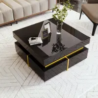 Sweiko Table basse Table basse, table de salon haute brillance, table d'appoint avec 2 tiroirs et accents dorés,avec espace de rangement,70x35.5x70 cm