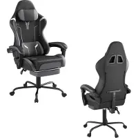TWOLIIN Chaise de jeu ergonomique avec massage & repose-pieds, Fauteuil de jeu confortable Gaming Chair Dossier réglable, appuie-tête & coussin lombaire de massage - Noir & Blanc & Gris