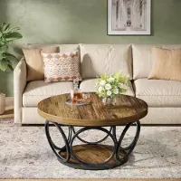 StarTech.com Table ronde de salon, diamètre 80 cm - Table ronde en bois pour le salon - 2 plateaux de rangement - Style rustique antique - Table basse avec espace de rangement - Marron
