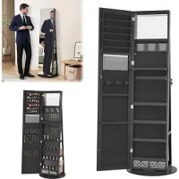 TWOLIIN Miroir Armoire à bijoux Rangement pour bijoux pivotant à 360°avec lampes LED et serrure de sécurité Armoire à glace debout 3 en 1 Miroir de maquillage intérieur 161 x 54.5 x 10 cm Noir