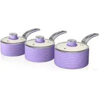 Swan SWPS3020PURN Casserole Rétro Set 3 Casserole à manche 16 18 20cm Induction, Antiadhésif, Couvercle en verre Lila