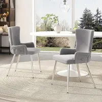 Sweiko Chaise de salle à manger en velours , lot de 2, luxueuse chaise longue de salon/chambre à coucher avec quatre pieds de support en métal de couleur argentée, gris