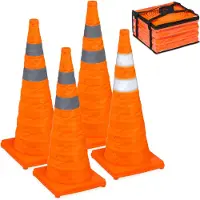 Relaxdays Cônes de signalisation , lot de 4, pliables, bandes réfléchissantes, cônes de signalisation avec sac de transport, H x l x P : 70 x 29 x 29 cm, cônes pliables, orange