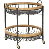 Mauro Ferretti Chariot Cebu 57 X 55,5 X 62,5 Cm En Métal Noir Et Rotin Avec 2 Étagères Et Roulettes - Style Bohème Chic Pour Une Décoration Intérieure Polyvalente Et Pratique