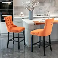 Youjia Lot de 2 tabourets de bar avec rembourrage en velours, capitonnage à boutons, pieds en bois et garniture de clous chromés, tabourets de bar, orange, velours, 100 % polyester, 2