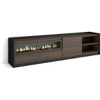 Skraut Home SOKKEL Meuble TV, Banc Télé, Grand espace de Rangement, 207x37x50cm, Pour les TV jusqu'à 80", Cheminée électrique, Chêne foncé et Noir