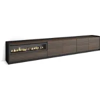 Skraut Home SOKKEL Meuble TV, Banc Télé, Grand espace de Rangement, 310x37x50cm, Pour les TV jusqu'à 80", Cheminée électrique, Chêne foncé et Noir