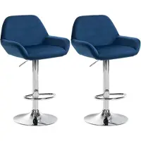 BellaFurn Set de 2 tabourets de bar - sièges en velours - réglables en hauteur, pivotant à 360 ° | Couleur : bleu | Matériau base : métal chromé