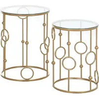 Youjia lot de 2 tables basses, table d'appoint avec plateau en verre, table de salon avec design de pneu et de boule Ø41 x 57 cm, or