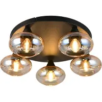 Reality Plafonnier, 5 flammes, verre ambre, noir, D 49 cm