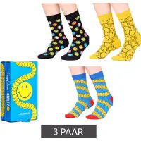 Happy socks Lot de 3 paires de chaussettes unisexes en coton, imprimé smiley, pour tous les jours, présenté dans une boîte cadeau XSMY08-6700 (Jaune/Noir/Bleu)
