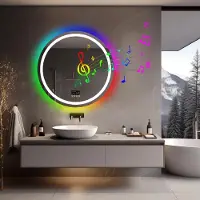 VRYGLE Miroir de salle de bain rond LED 60 cm — Changement de couleurs RGB, éclairage frontal et arrière, intensité réglable, 4 boutons tactiles, anti-buée, mémoire, miroir mural de salle de bain