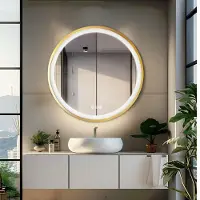 VRYGLE Miroir de salle de bain rond 80 cm avec éclairage LED, cadre en aluminium doré, intensité réglable, 3 couleurs de lumière, interrupteur tactile, anti-buée, miroir mural