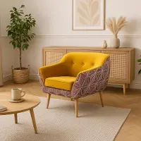 Sofello GUTTO Fauteuil jaune avec motif graphique MUSTI Fauteuil TV inclinable en velours jaune avec motif graphique Fauteuil tapissé scandinave Pieds en bois Pieds hauts