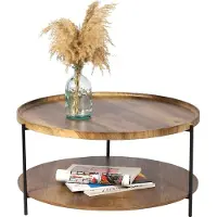 Meublorama Table basse ronde JAYCE avec 2 niveaux, structure en métal noir, style ethnique