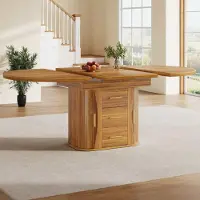 Ulife Table à manger ronde à rallonges avec triple rangement – table de salle à manger et de cuisine élégante, pouvant accueillir jusqu'à 6 personnes, extensible en ovale, 118-158 cm, noyer