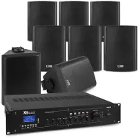 Power Dynamics 100V Set für Aussenterrasse oder Dach - 8 Lautsprecher & 4 -zone -Verstärker - Bluetoo (Passif), Haut-parleur PA, Noir