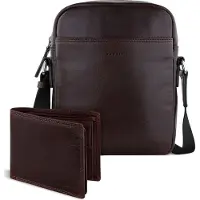 Bugatti Cuir sac à épaule bandoulière porte-monnaie Savona Crossover Bag + Wallet Brown marron foncé