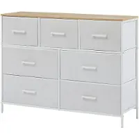 Casabel Commode 7tiroirs, structure métallique blanche et bois, meuble de rangement 100x30x75cm, pratique et polyvalente