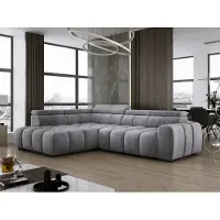 Domo DomoHome Canapé d'angle indépendant Ombo 297x137cm, en L, ARGENT avec fonction sommeil 125x193cm, Canapé avec dossier inclinable, tissu structuré Salvador, appuie-tête réglable
