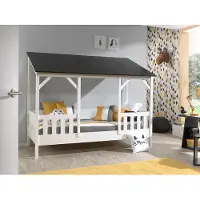 Vipack Ensemble lit de maison y compris sommier à lattes et matelas, surface de couchage 90 x 200 cm, finition blanc partiellement massif toit en noir