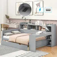 Flieks Canapé-lit Lit de jour 90x200cm avec fonction de chargement (prise&USB), Lit en bois avec bureau, tiroirs et étagère, Lit pour jeunes Lit classique