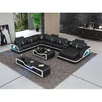 AEA Canapé d'angle noir avec table basse 2pcs Salon Canapé en cuir ensemble table d'angle