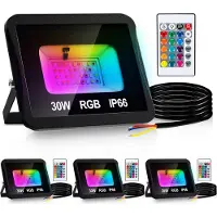 Peviasot Hengda Projecteur RGB 30W avec télécommande Projecteur LED RGB Projecteur extérieur LED IP66 étanche 4 pièces