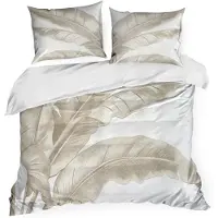 Eurofirany | Parure de lit - Linge de lit - 220 x 200 cm - blanc - beige - 100 % coton - Taie d'oreiller - Motif à feuilles