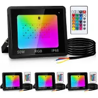 Peviasot Hengda Projecteur RGB 50W avec télécommande Projecteur LED RGB Projecteur extérieur LED IP66 étanche 4 pièces