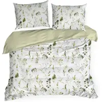 Eurofirany | Ensemble de housse de couette - Parure de lit - Taie d'oreiller - 220 x 200 cm - blanc - vert - Linge de lit - 100 % coton - Motif de feuilles