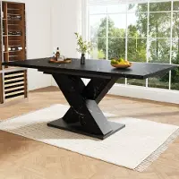 Ulife Table de salle à manger moderne aspect marbre avec rallonge et structure en X, pour la cuisine et la salle à manger, structure métallique robuste, 4 à 6 personnes, noir