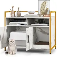 Costway Armoire à chat Bac à litière avec double porte, tapis à griffer, étagère ouverte & 2 compartiments Maison pour chats, caverne pour chats Armoire à litière Blanc-marbre