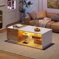 Sweiko Table basse LED , table basse brillante, table de salon avec éclairage et barre lumineuse LED, table basse avec espace de rangement,105x50x36cm