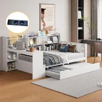 Sweiko Canapé-lit en bois massif, 90x200 cm, Avec bureau Bibliothèques et étagères, Avec prise électrique, Sous-lit avec lit escamotable, Lit en bois multifonctionnel, Blanc