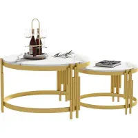 UnboxG Ensemble de tables basses modulables, aspect marbre, structure en métal doré, tables rondes en deux tailles