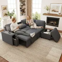 Merax Canapé-lit en L, canapé d'angle convertible, pouf, table basse rabattable, ports USB et Type-C, lampe de lecture, gris