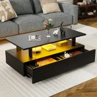 Merax Table basse LED 100x50cm avec App- & télécommande, table de salon avec 2 tiroirs et espace de rangement, verre acrylique, éclairage RGB, noir brillant