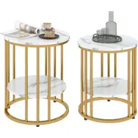 Northio Table basse ronde set de 2 tables d'appoint avec étagère, cadre en acier, table de salon aspect marbre table basse pour salon chambre à coucher blanc Aosom