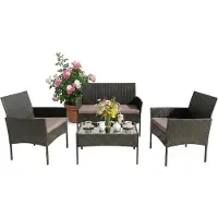 Relaxdays Ensemble de mobilier de jardin , ensemble de salon en rotin 4 pièces, pour 4 personnes, banc, fauteuils et table en verre, mobilier de détente, d'extérieur, noir