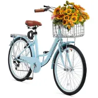 Vevor Vélo Cruiser à 7 vitesses (diamètre des pneus 61 cm) Vélo de plage avec grand panier et porte-bagages, vélo Cruiser avec siège réglable, pour faire du vélo, s'entraîner et faire ses courses Bleu