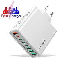 Techsuit Wall Charger (CHPD224) (65 W, 8 ports), Chargeur USB, Blanc