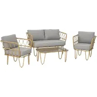 Outsunny Ensemble salon de jardin 4 pices canap 2 places + 2 fauteuils + 1 table basse plateau verre tremp 7 coussins - mtal et rsine tresse - gris