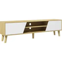 HOMCOM Meuble TV banc TV pour télévision jusqu'à 65 pouces design scandinave 2 portes 2 niches avec passe-câbles - aspect bois et blanc 150 x 30 x 42 cm