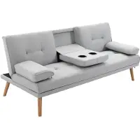 HOMCOM Canapé Convertible 3 Places Design scandinave Inclinaison Dossier réglable 3 Niveaux Dossier Centrale Rabattable 2 Porte-Verres Bois Massif Lin Gris Clair