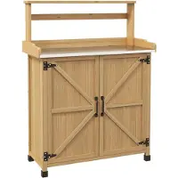 Outsunny Table De Rempotage Jardinage - Étagères, 2 Portes Avec Étagère - Plateau Tôle Acier Galvanisé - Bois Sapin Pré-Huilé