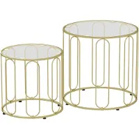 HOMCOM Lot de 2 tables basses gigognes, tables d'appoint empilables rondes modernes avec cadre en métal et plateau en verre trempé, pour salon et chambre, ton doré
