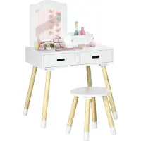 ZONEKIZ Coiffeuse enfant table de maquillage avec tabouret miroir et 2 tiroirs 3 à 6 ans - 60 x 40 x 95 cm - blanc et bois