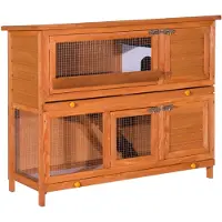 PawHut Cage lapin poulailler clapier en bois de pin de grande taille avec 2 tages r?telier foin toit ouvrant dim.120L x 48l x100H cm