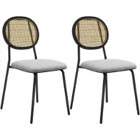HOMCOM Lot de 2 chaises salle à manger, chaises de cuisine, style bohème, dossier en rotin, tissu effet lin respirant, cadre en acier, pour salon, salle à manger, chambre à coucher, gris